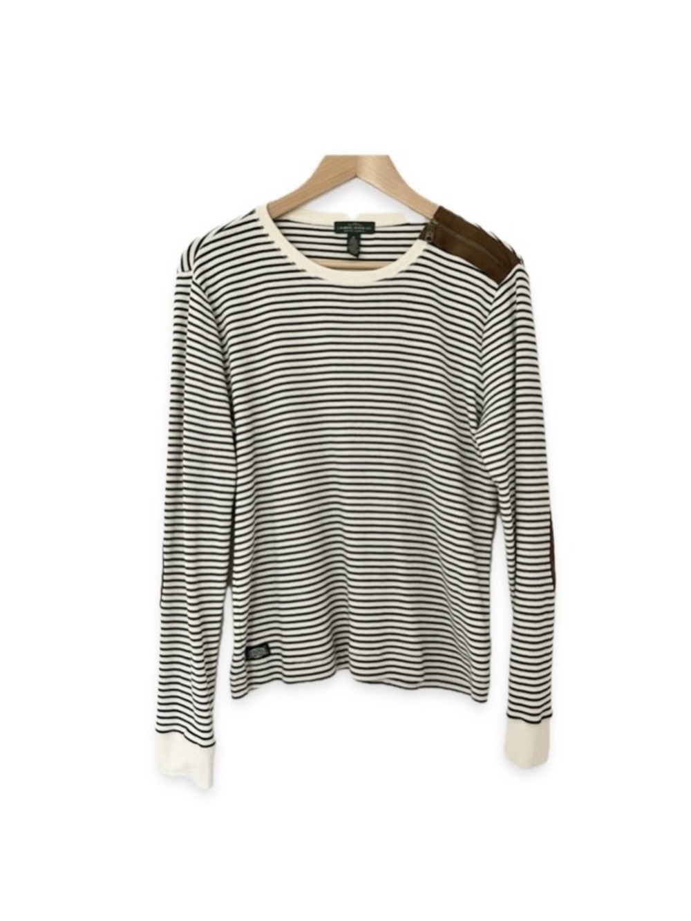 Lauren Ralph Lauren Cotton Knit Long Sleeve Striped Tee Elbow Patch Faux Suede